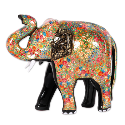 Hand-Painted Floral Elephant Papier Mache Sculpture