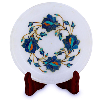 Blue Floral Motif Marble Inlay Decorative Plate from India