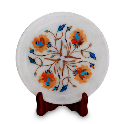 Rose Motif Marble Inlay Decorative Plate from India
