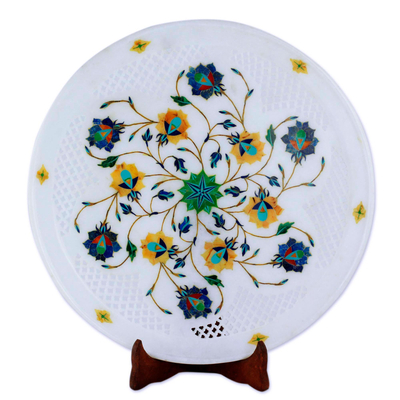 Jali Pattern Floral Marble Inlay Decorative Plate from India
