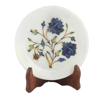 Daisy Motif Marble Inlay Decorative Plate from India