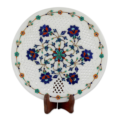 Jali Motif Marble Inlay Decorative Plate Crafted in India
