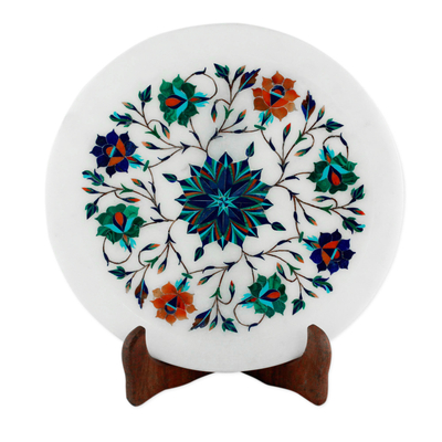 Elegant Floral Marble Inlay Decorative Plate from India