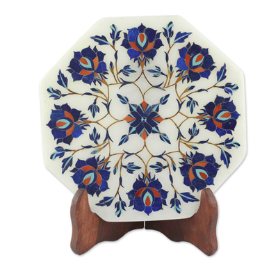 Marble Inlay Decorative Plate with Blue Floral Motifs