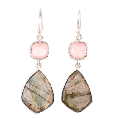 Labradorite and Rose Quartz Dangle Earrings from India