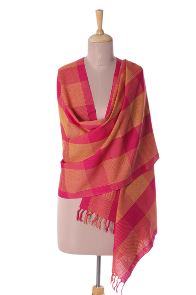 Patterned Cotton Shawl in Fuchsia and Daffodil from India