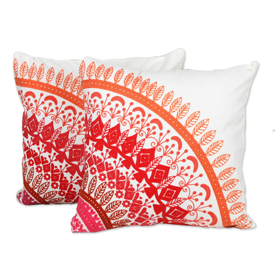 Embroidered Cotton Cushion Covers in Pink from India (Pair)
