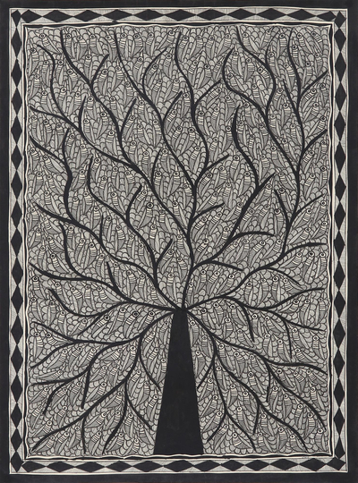 Black and White Madhubani Tree Painting from India