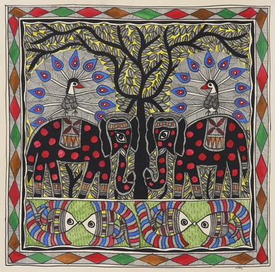 Nature-Themed Traditional Madhubani Painting from India
