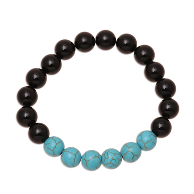 Onyx and Reconstituted Turquoise Beaded Stretch Bracelet
