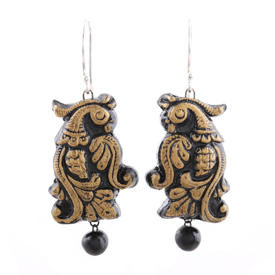 Golden Peacock Ceramic Dangle Earrings from India