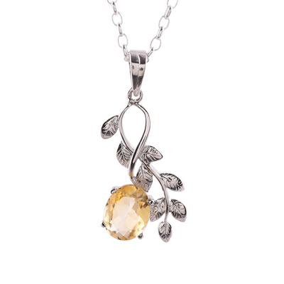 Leafy Rhodium Plated Citrine Pendant Necklace from India