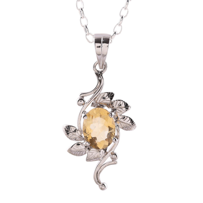 Leaf Motif Rhodium Plated Citrine Pendat Necklace from India