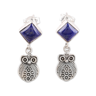 Lapis Lazuli Owl Dangle Earrings from India