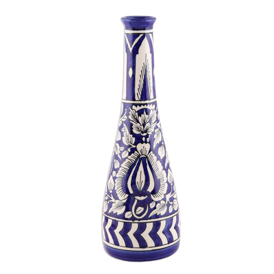 Leaf Motif Ceramic Decorative Vase in Blue from India
