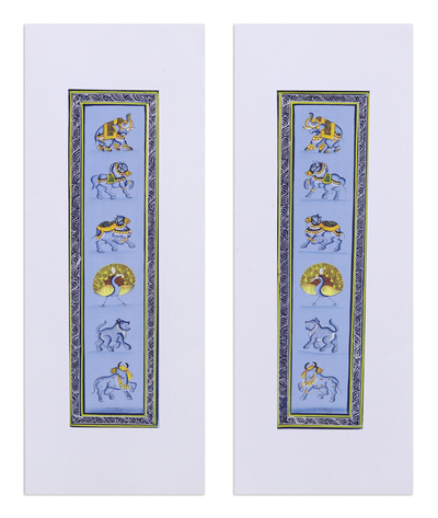 Animal-Themed Folk Art Diptych in Blue from India