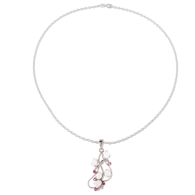 Rhodium Plated Moonstone and Ruby Pendant Necklace