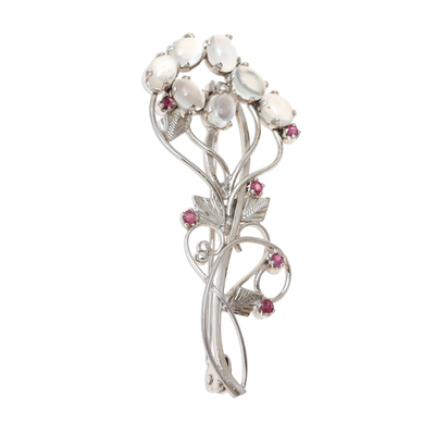 Rhodium Plated Moonstone and Ruby Brooch from India