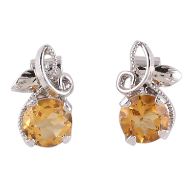 Citrine Stud Earrings Plated in Rhodium from India