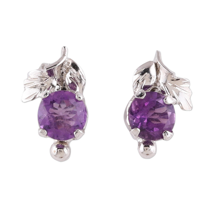 Leafy Rhodium Plated Amethyst Stud Earrings from India