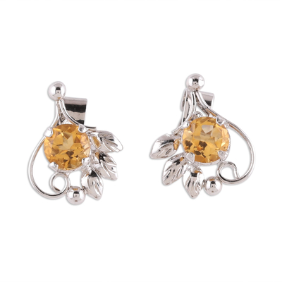 Leafy Rhodium Plated Citrine Stud Earrings from India