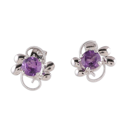 Rhodium Plated Amethyst Stud Earrings from India