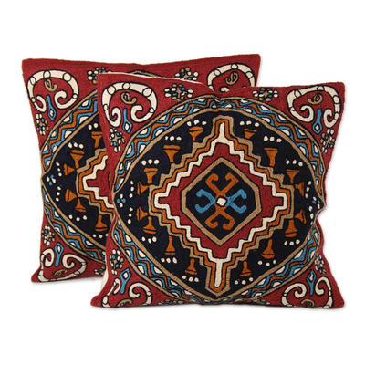 Colorful Embroidered Cotton Cushion Covers from India (Pair)