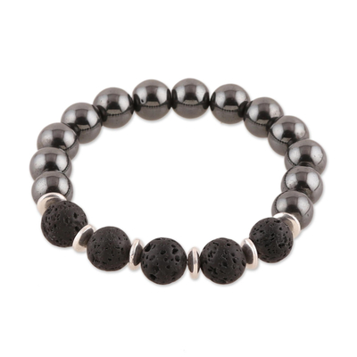 Hematite and Lava Stone Beaded Stretch Bracelet from India