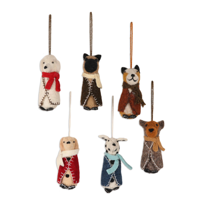 Embroidered Wool Dog Ornaments from India (Set of 6)