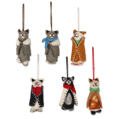 Embroidered Wool Cat Ornaments from India (Set of 6)