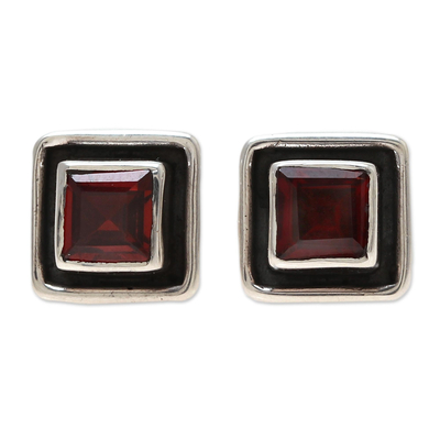 Faceted Garnet Square Stud Earrings from India