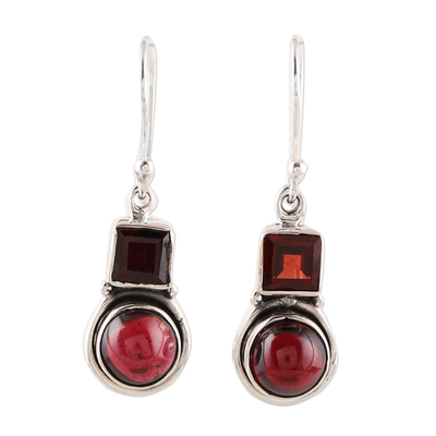 Square and Circular Garnet Dangle Earrings from India
