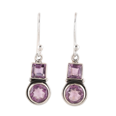 Square and Circular Amethyst Dangle Earrings from India