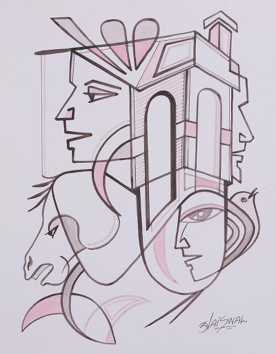 Modern Black and White Cubist Painting from India