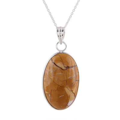 Brown Oval Agate Pendant Necklace Crafted in India
