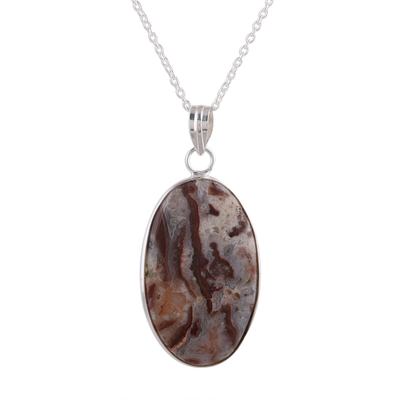 Oval Agate Pendant Necklace in Pink and Russet from India