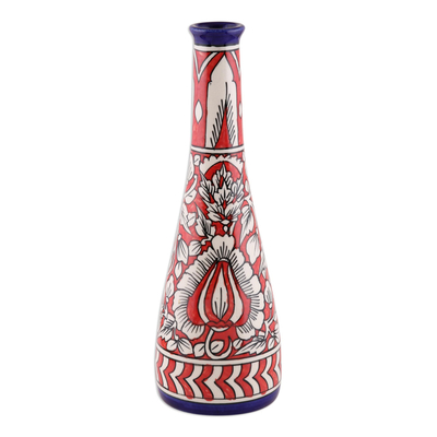 Leaf Motif Ceramic Decorative Vase in Red from India