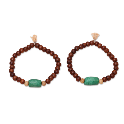 Wood and Green Resin Beaded Stretch Bracelets (Pair)
