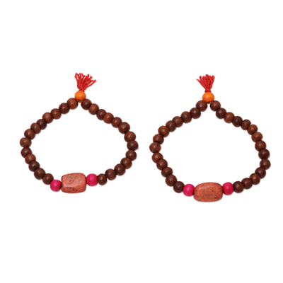 Wood and Orange Resin Beaded Stretch Bracelets (Pair)