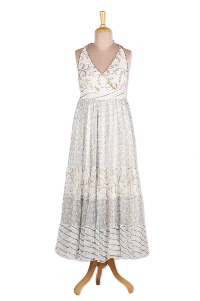 Block-Printed White Cotton A-Line Dress from Bali
