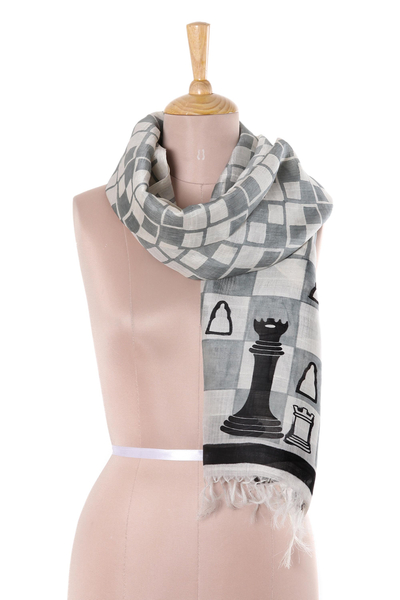 Chess-Themed Hand-Painted Silk Scarf from India