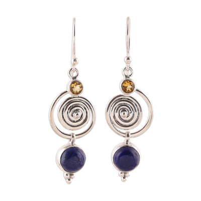 Swirl Pattern Lapis Lazuli and Citrine Dangle Earrings