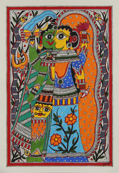 Shiva and Parvati Hindu Madhubani Painting from India
