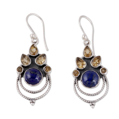 Citrine and Lapis Lazuli Dangle Earrings by Indian Artisans