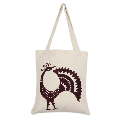 Peacock Pattern Embroidered Cotton Shoulder Bag in Mahogany