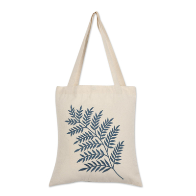 Azure Fern Pattern Embroidered Cotton Shoulder Bag