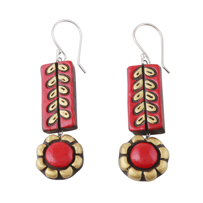 Red and Golden Floral Ceramic Dangle Earrings from India