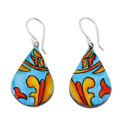 Hand-Painted Teardrop Ceramic Dangle Earrings from India