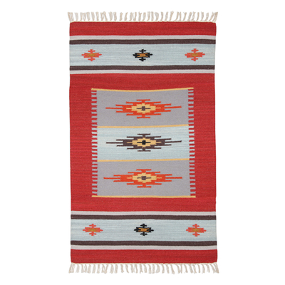 Geometric Pattern Wool Area Rug in Crimson from India (3x5)