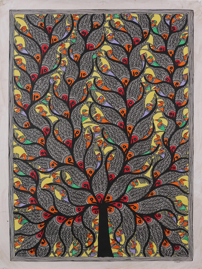 Madhubani Painting of Fish and Birds in a Tree from India